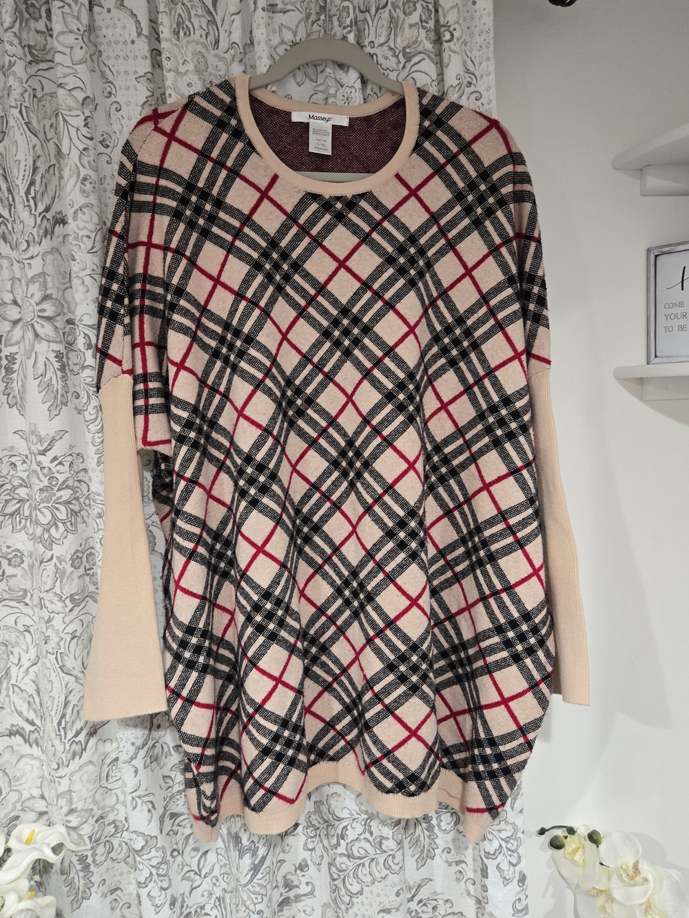 Masseys Beige Plaid Crewneck Sweater